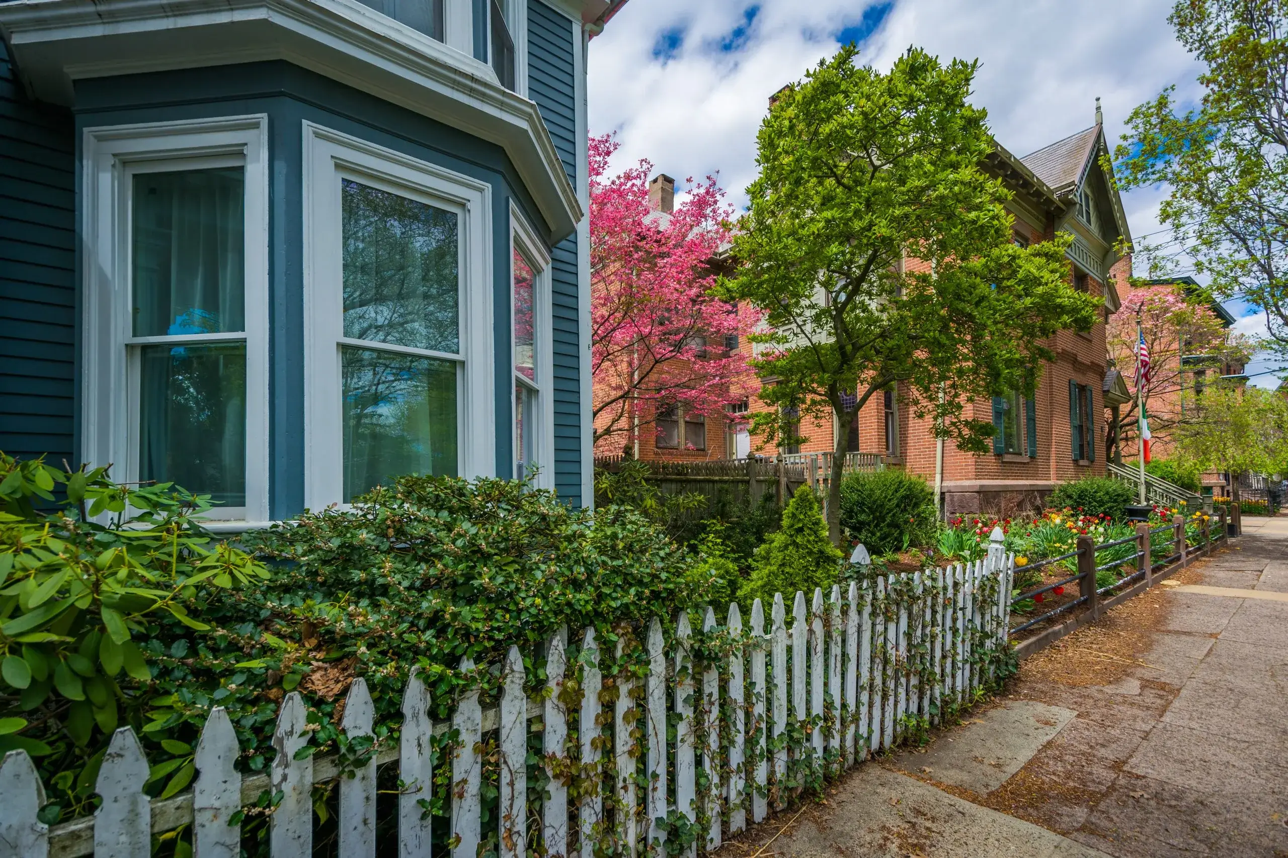 A charming neighborhood features colorful houses and blooming trees along a white picket fence